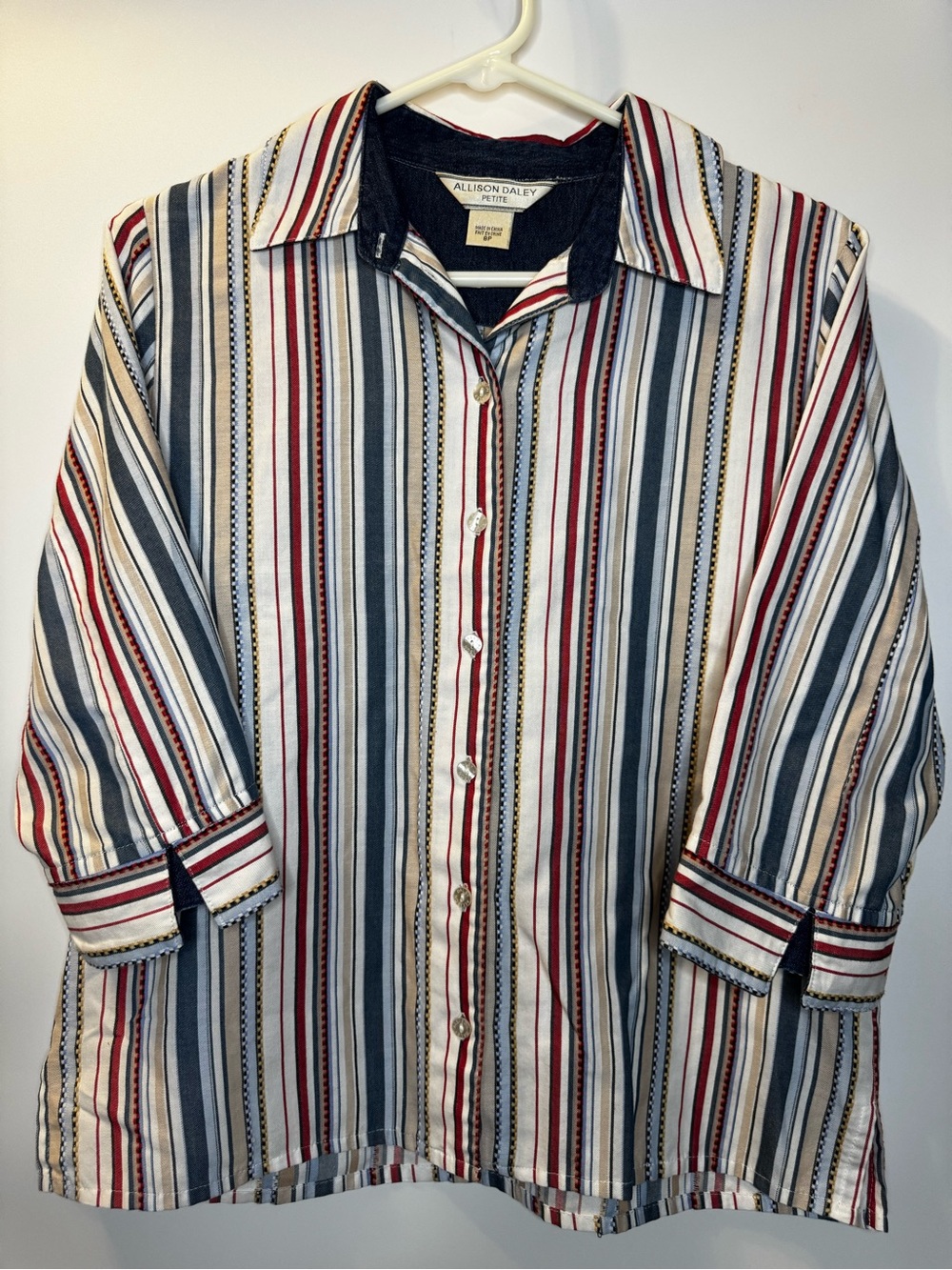 Allison Daley Striped Button-Down Shirt in Navy, Red & White